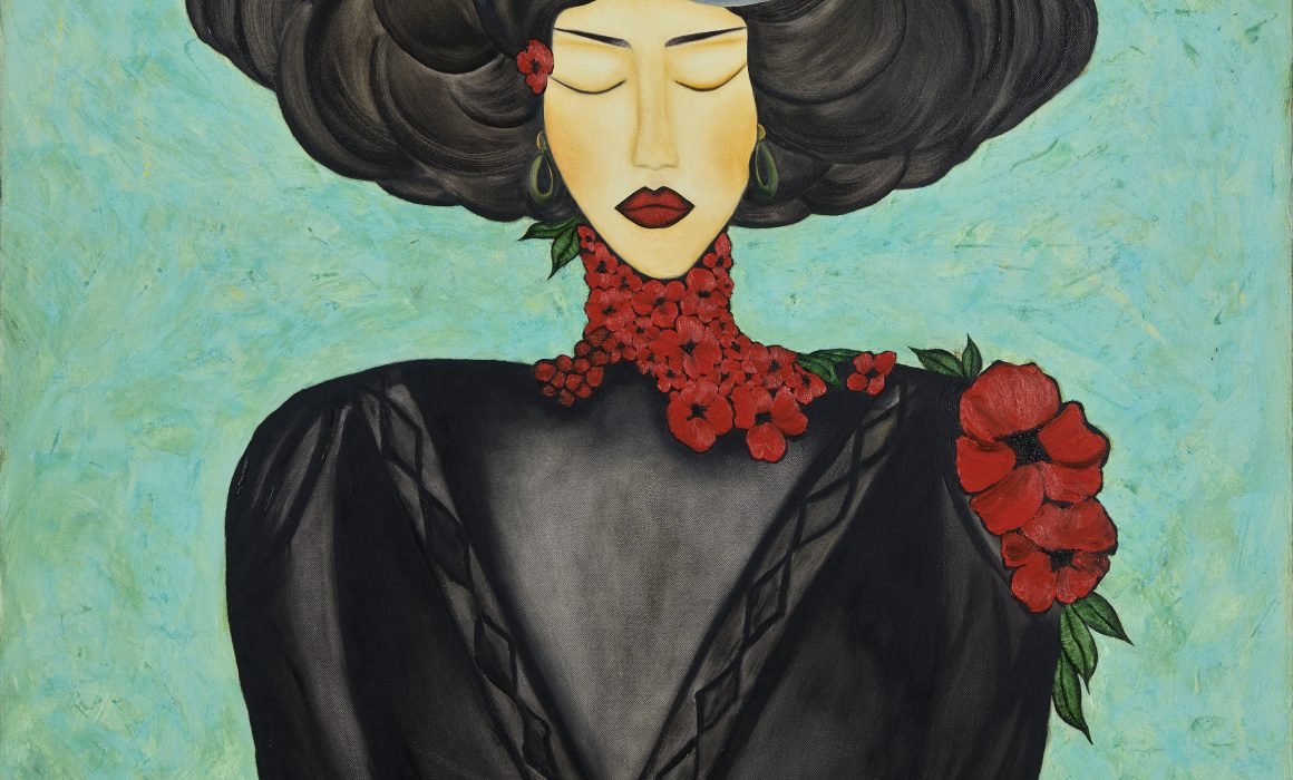 Schwarz angezogene Frau mit Mohnblüte